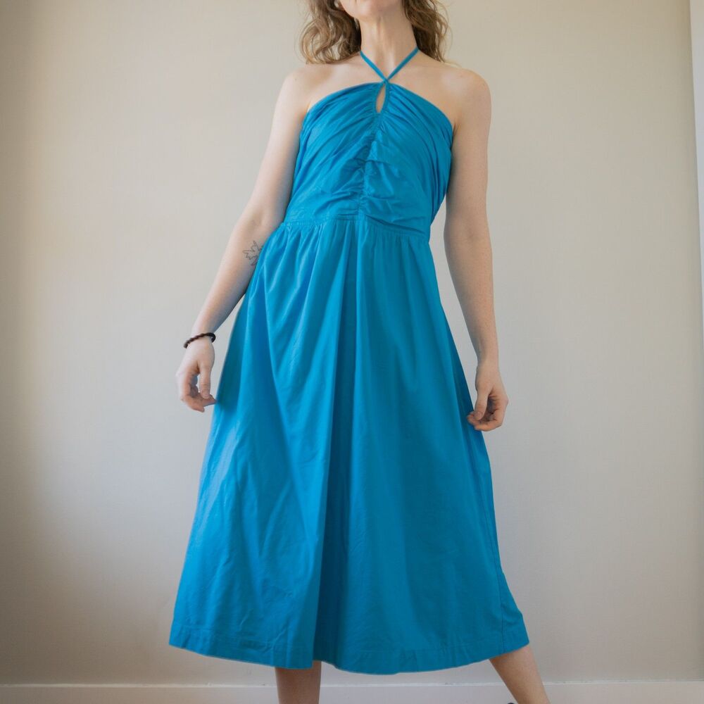 NWT Blue Teal Tie Halter Summer Beach Vacation Festival Cotton Women's Dress